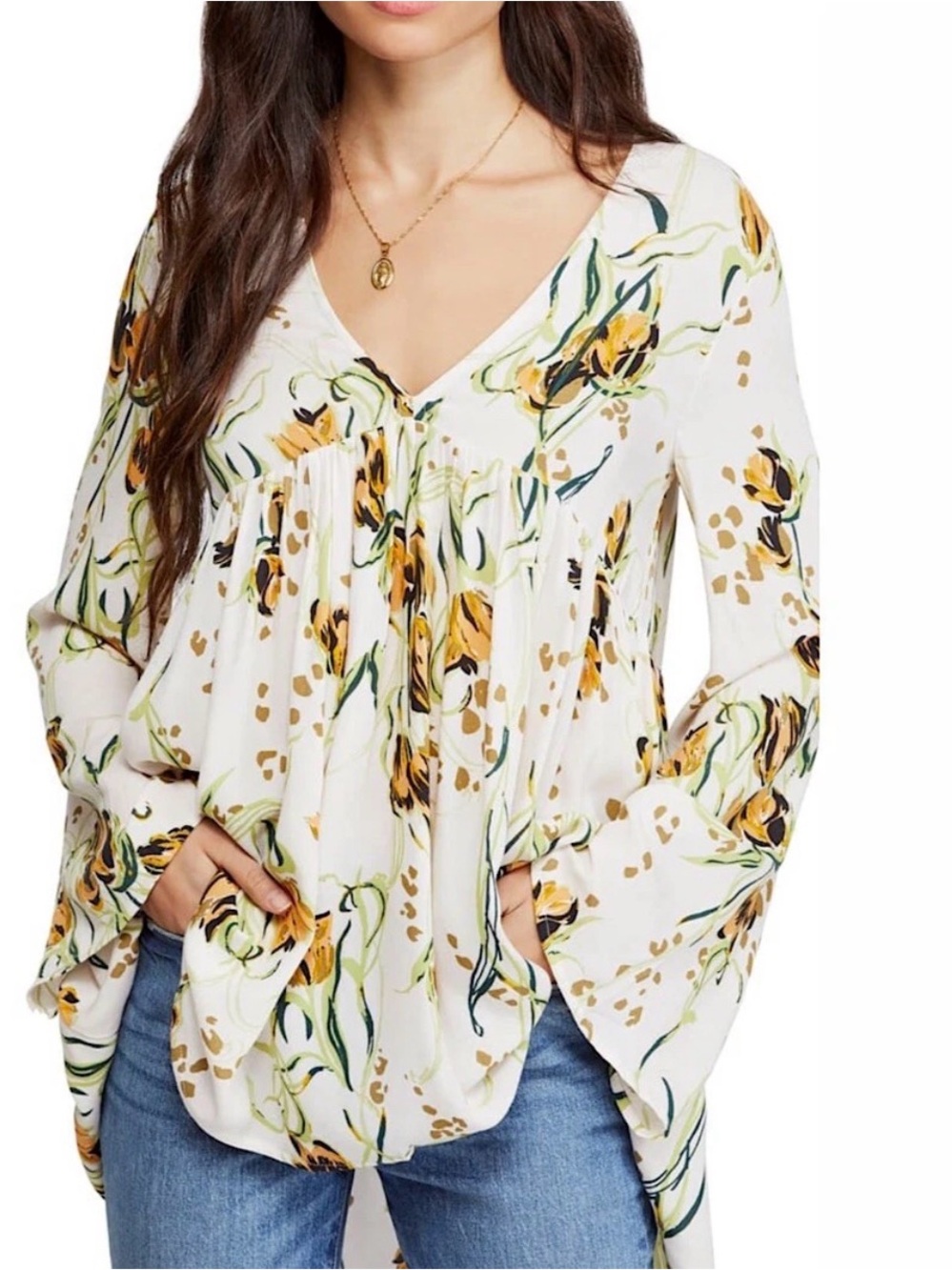 Free People Bella Floral Print Tunic Blouse Women’s Small Bohemian Flowy V-Neck